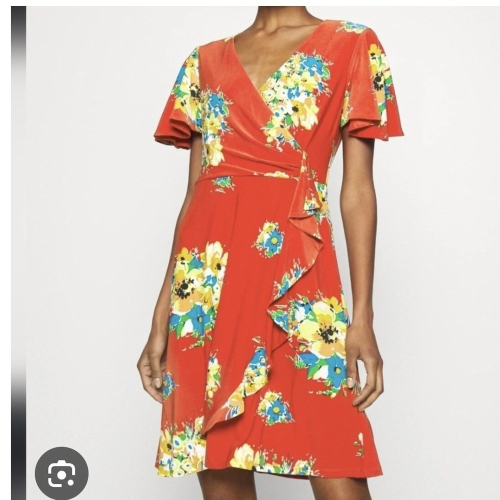 LAUREN Ralph Lauren Red Floral‎ Wrap Midi Dress Short Sleeve Flutter designer 6